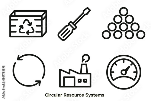 Circular Economy Icons. Circular Resource Systems linear set: reuse crate, disassembly tool, processed material pellet, cycle pathway, remanufacture unit, sustainability meter.