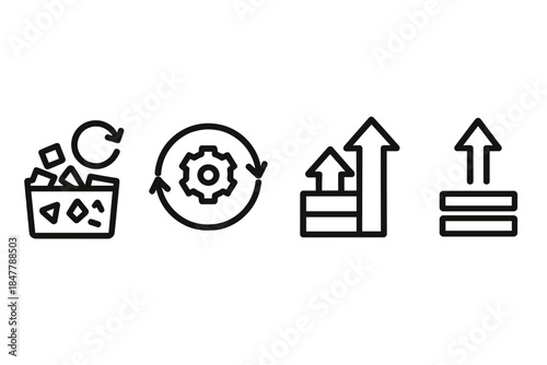 Waste-to-Value Icons. Waste-to-Value Frameworks linear set: resource-recovery tile, conversion node, upcycle stream bar.
