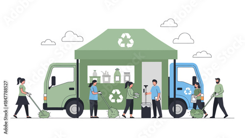 People collecting and recycling waste with trucks and bins