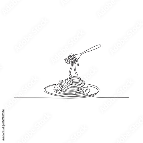 Minimalist line drawing of spaghetti on a plate with a silver fork