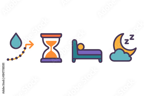 Routine Flow Icons. Intentional Routine Flow flat set: focus droplet, balanced hourglass, restful nook symbol.