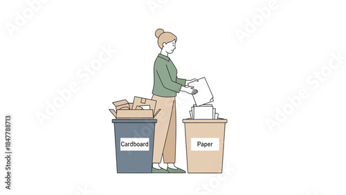 Woman recycling paper and cardboard in labeled bins