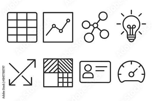 Data Insight Icons. Insight Discovery Set linear set: data grid, trend line, cluster map, insight bulb, correlation arrows, pattern blocks, summary card, metric gauge. .