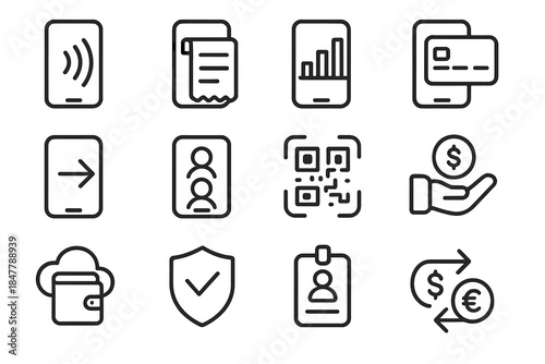 Mobile Payment Icons. Mobile Payment Features linear set: tap-to-pay symbol, transaction receipt, spending chart, digital card stack, quick transfer arrow, saved contacts list, QR