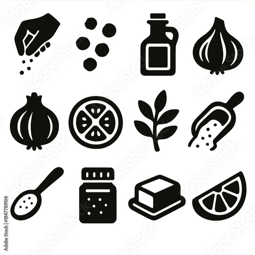 Bold Ingredient Icons. Culinary Ingredient Basics silhouette set: salt pinch, pepper grains, olive oil bottle, garlic clove, onion bulb, tomato slice, herb sprig, flour scoop,