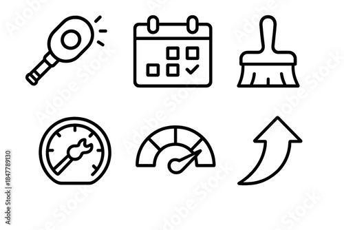 Maintenance Icon Set. Routine Service Concepts linear set: inspection lamp, service calendar, cleaning brush, tune-up dial, condition meter, upkeep arrow.