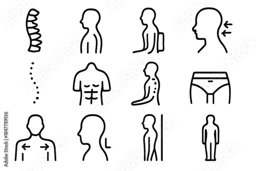 Posture Alignment Icons. Spinal Posture Set linear set: natural spine curve, posture silhouette, lower-back support, neck alignment, mid-spine marker, core support icon, seated