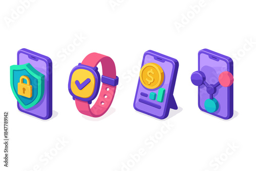 3D Banking Icons. Mobile Banking Frameworks flat isometric set: device-secure node, seamless-pay band, app-driven finance panel.