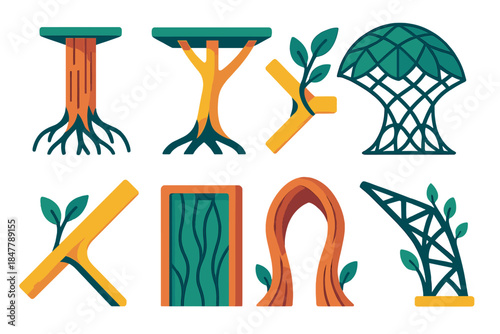Organic Architectural Icons. Biological Architecture Set flat set: root-bound pillar, branching load support, symbiotic frame joint, living canopy mesh, adaptive growth beam, plant