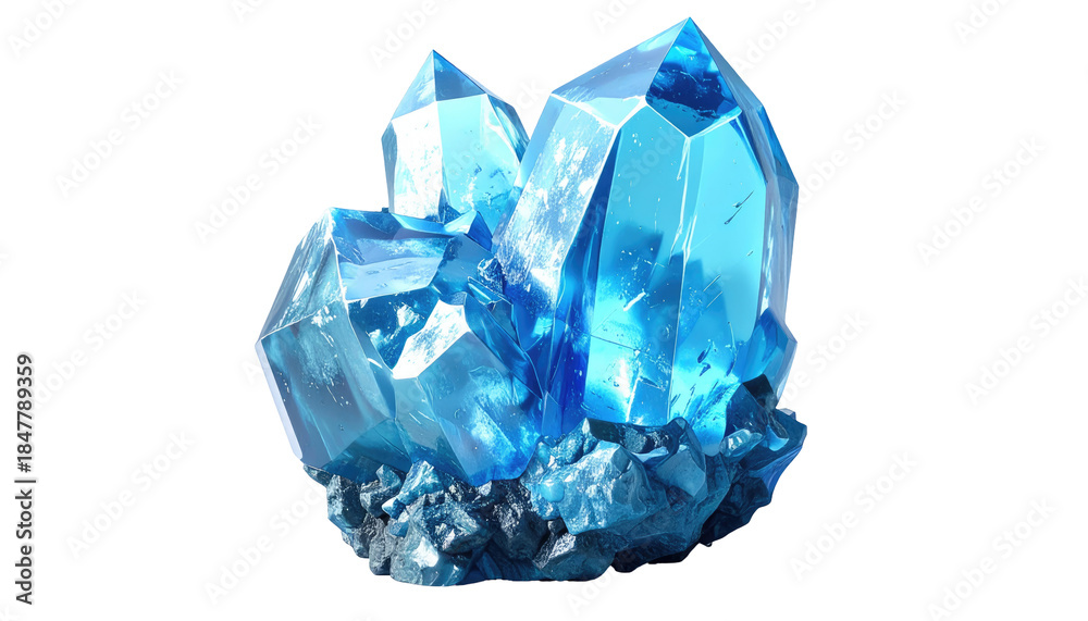 Fototapeta premium A stunning cluster of brilliant, icy-blue crystalline structures, radiating light and energy on a stark black background