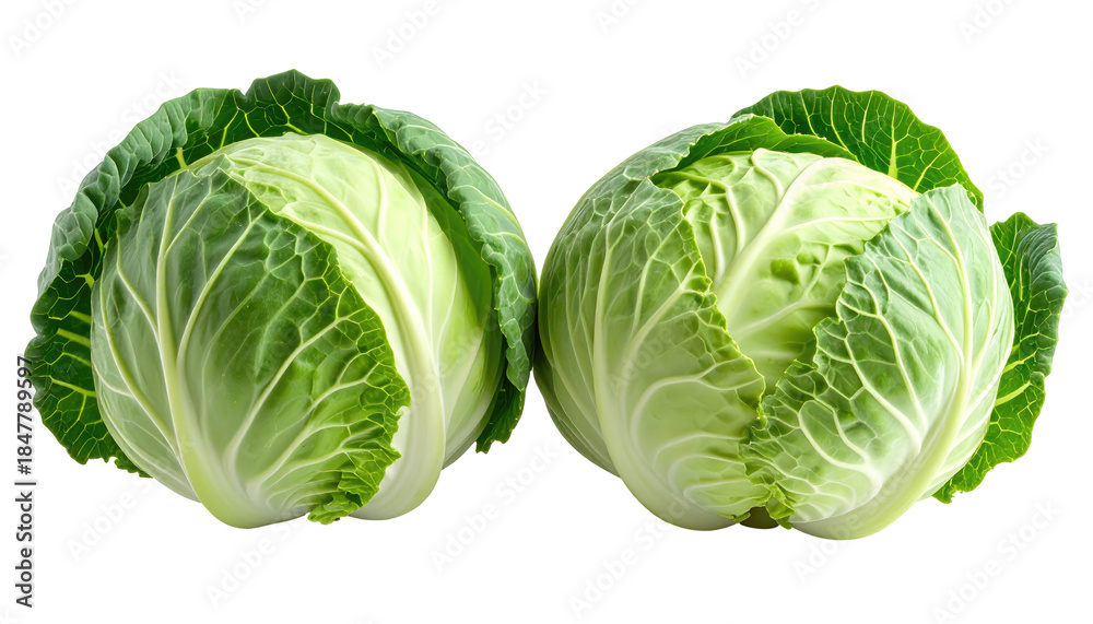 Fototapeta premium Two fresh, vibrant heads of cabbage, isolated against a stark black background. Detailed close-up shows textured leaves