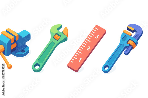 Colorful Workshop Tools. Workshop Equipment flat isometric set: bench vise, adjustable wrench, steel ruler.