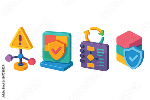 3D Risk Infrastructure Icons. Infrastructure Risk Management flat isometric set: hazard-assess node, vulnerability-metric tile, resilience-plan bead.