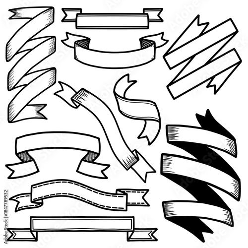 Hand drawn vintage ribbon and banner set vector illustration. Doodle set blank vintage ribbon, badges, borders, banner. vector illustration