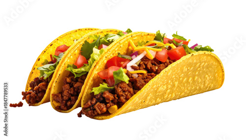 Three delicious crispy tacos, overflowing with seasoned ground meat, fresh diced tomatoes, lettuce, cheese, and onion, on a black background