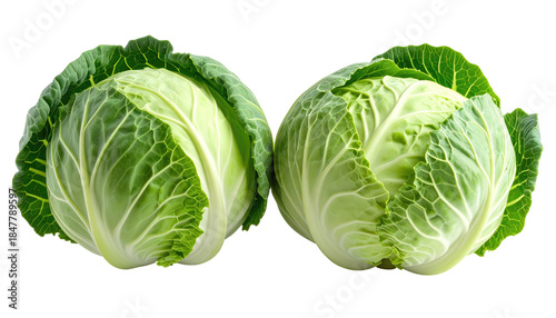 Two fresh, vibrant heads of cabbage, isolated against a stark black background. Detailed close-up shows textured leaves