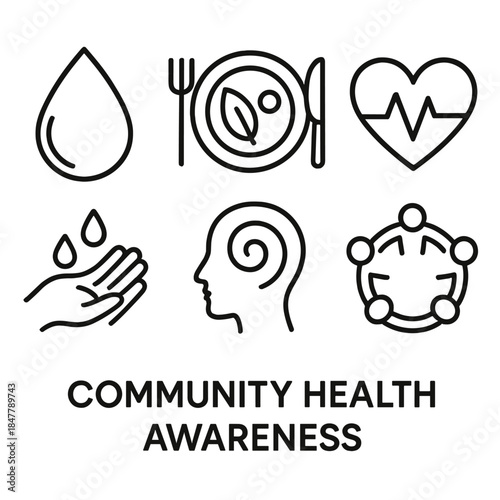 Community Health Icons. Community Health Awareness linear set: clean water drop, balanced plate, wellness heart, handwashing icon, calm breath swirl, community circle.