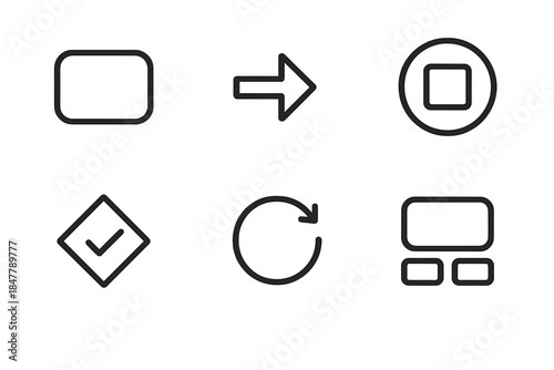 Algorithm Icons Layout. Algorithm Function Components linear set: input block, function arrow, compute node, check condition, iteration ring, processed result.