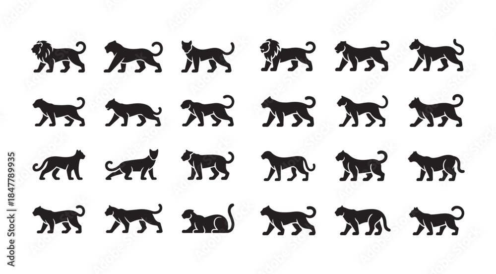 Fototapeta premium Big cats vector icon set, black panthers, lions, leopards, jaguars, tigers silhouettes collection