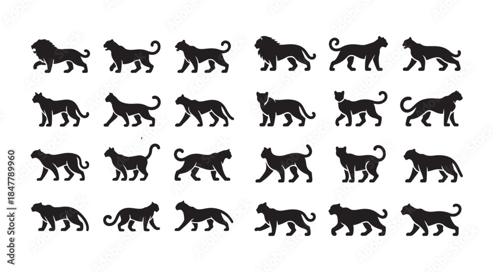Fototapeta premium Big cats vector icon set, black panthers, lions, leopards, jaguars, tigers silhouettes collection