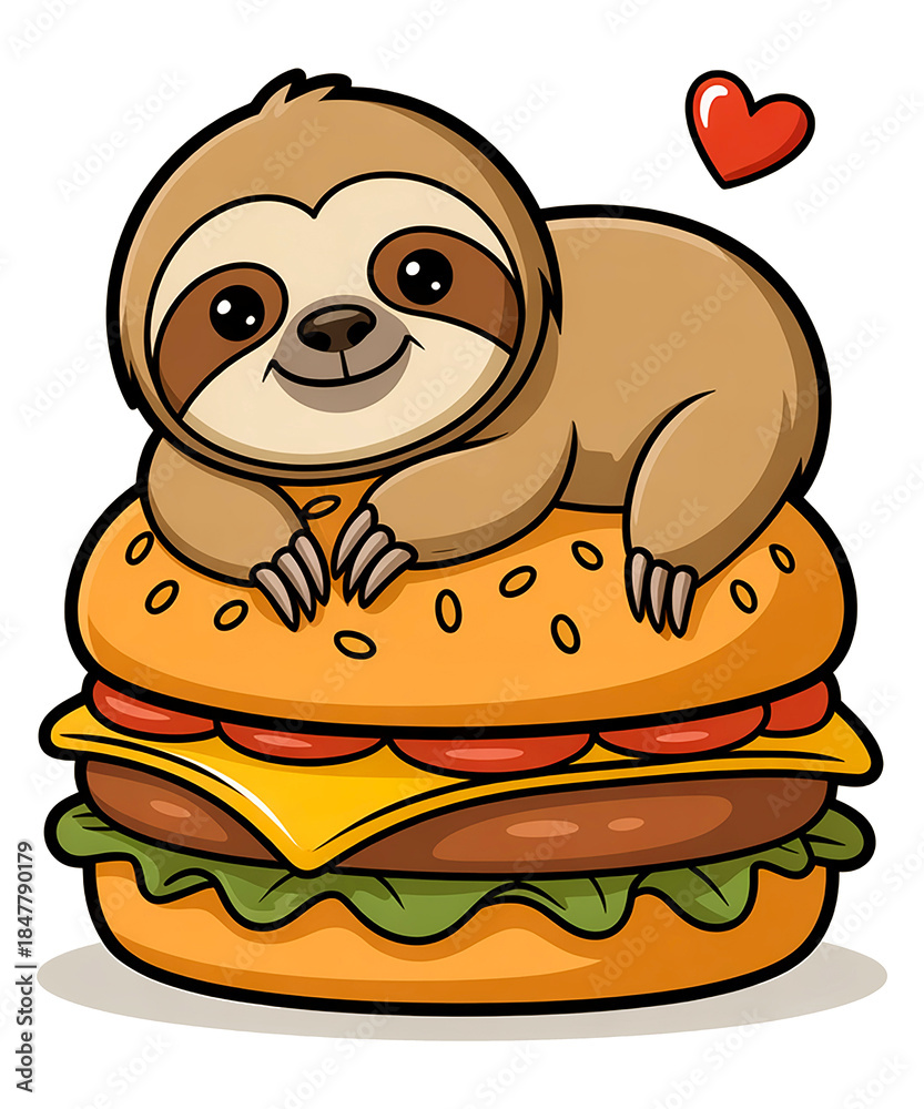 Obraz premium Cute sloth resting on a large hamburger food animal