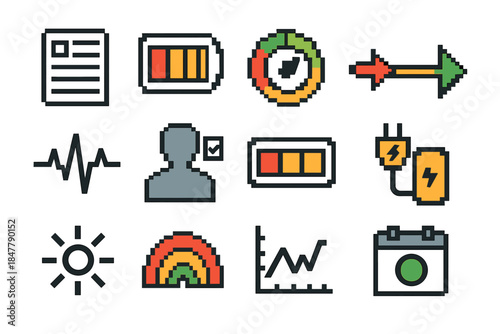 Energy Awareness Icons. Energy Awareness Symbols pixel style set: energy log sheet, stamina gauge, emotional energy ring, slow–fast pace arrow, wellness pulse, mindful check-in