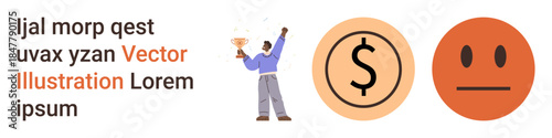 Business success, financial growth, emotional balance, motivation, achievement, business visualization. Illustration of a person holding a trophy, a dollar symbol and a neutral face icon. Business