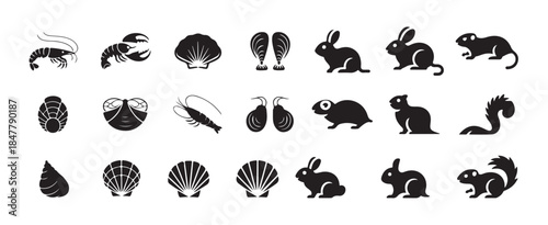 Shrimp lobster seashell rabbit and rodent black icons set isolated on white background