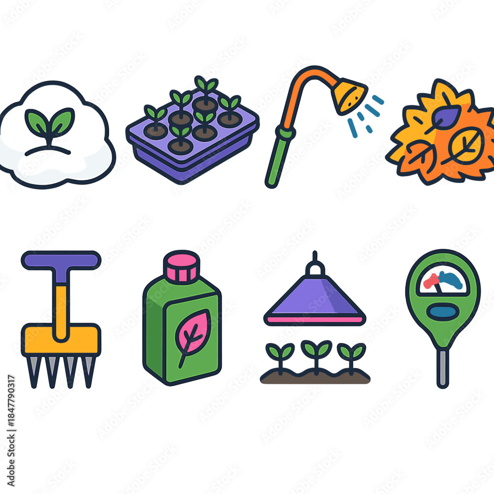 Fototapeta premium Plant Care Icons. Year-round plant maintenance isometric flat set: snow cover protection, seed-starting tray, heat-tolerant watering wand, fall leaf pile, soil aerator, nutrient