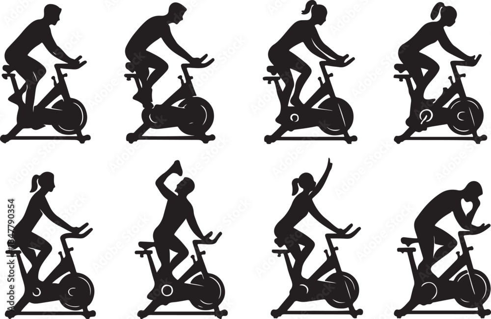 Fototapeta premium Indoor cycling stationary bike workout, spin class poses, gym cardio training, fitness exercise silhouette vector illustration set