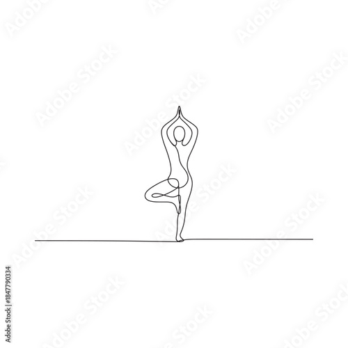 Minimalist line drawing of a woman gracefully performing a tree pose yoga asana