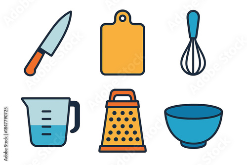 Culinary Tools Icons. Culinary Prep Tools flat set: chef knife, cutting board, whisk, measuring cup, grater, mixing bowl.