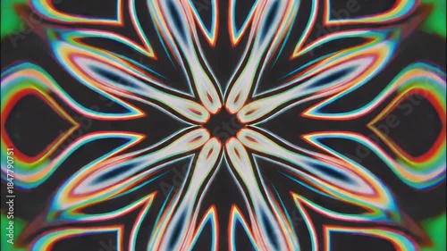 Symmetrical abstract pattern with vibrant chromatic aberration effects centered on a dark background.