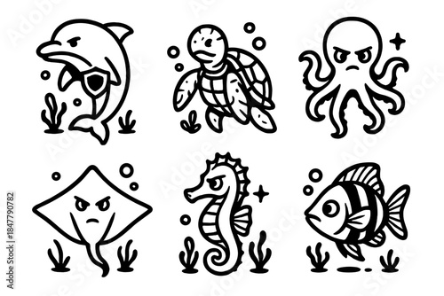 Underwater Guardian Animals. Underwater Hero Animals linear set: guardian dolphin, rescue turtle, vigilant octopus, protective ray, alert seahorse, guiding fish.