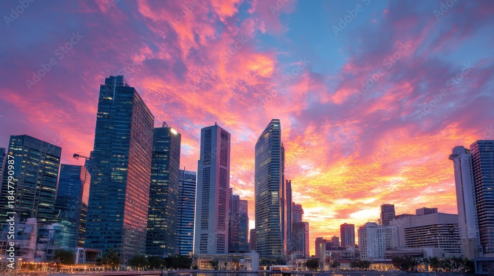 Fototapeta premium Skyline of modern city at sunset with vibrant pink and orange sky. Urban landscape for travel, development, and metropolitan living.