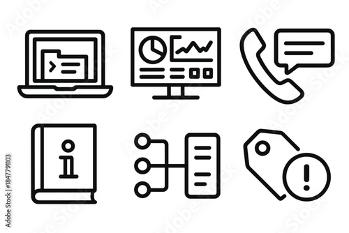 Service Desk Icons. Service Desk Operations Tools linear set: laptop, dashboard screen, phone handset, chat window, knowledge base book, status panel, reference tag, alert dot.
