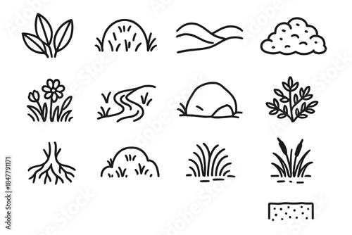 Botanical Icon Set. Botanical Landscape Icons linear set: leaf clusters, grassy domes, soft valleys, moss patches, spring flora, mini brooks, boulder forms, shrub layers, root webs