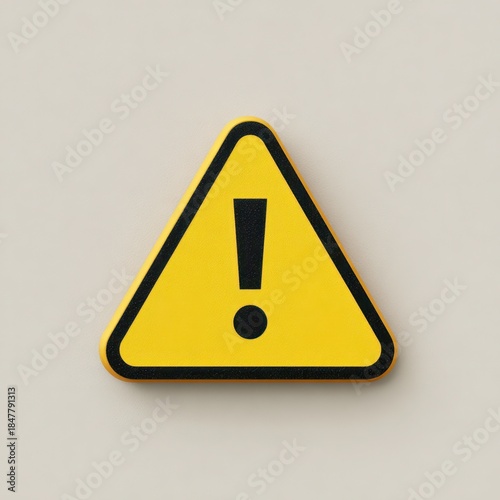 Bright yellow triangle warning sign icon with bold exclamation mark in flat illustration