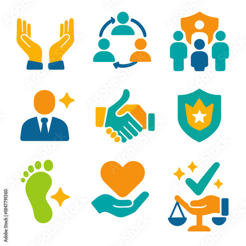 Community Reputation Icons. Community Reputation Icons flat set: supportive hands, trust circle, community badge, respected figure, shared approval, local crest, positive footprint