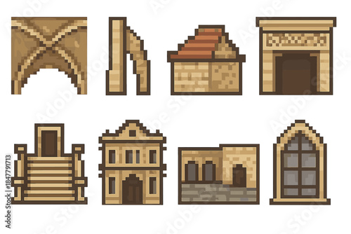 Architectural Icon Set. Architectural history set set of icons in flat pixel vector style: vaulted ceiling, buttress support, terraced roof, carved lintel, grand staircase, ornate