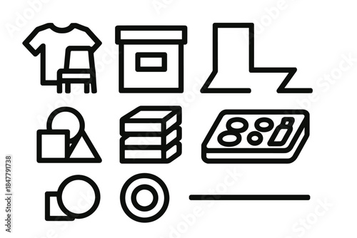Minimalist Icon Set. Decluttered Home Framework silhouette set: minimal belongings icon, labeled storage cube, clear-path area, soft-order tray, essential-only cluster, neat-stack