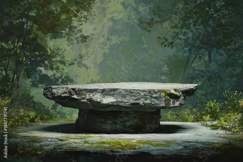Calm woodland backdrop with a flat rock pedestal and gentle daylight