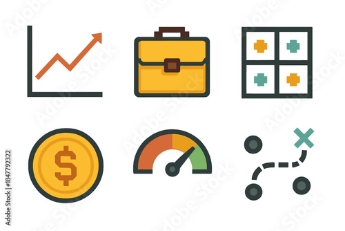 Investment Icons Collection. Investment planning set pixel style set: trend line, portfolio folder, diversification grid, asset token, ROI meter, strategy path.