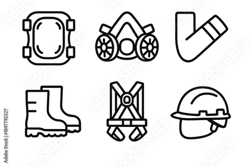 Safety Gear Icons. Worksite Protection linear set: knee pads, respirator mask, high-visibility sleeve, grip boots, safety harness, reinforced helmet.