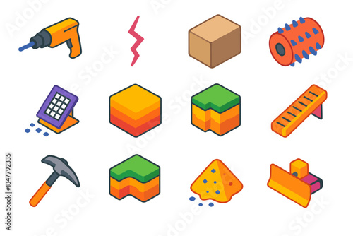 Isometric Quarry Icons. Earth–Stone Handling Set isometric flat set: rotary drill, fracture line symbol, stone block, crusher drum, sorting screen, soil strata, quarry cut, haul