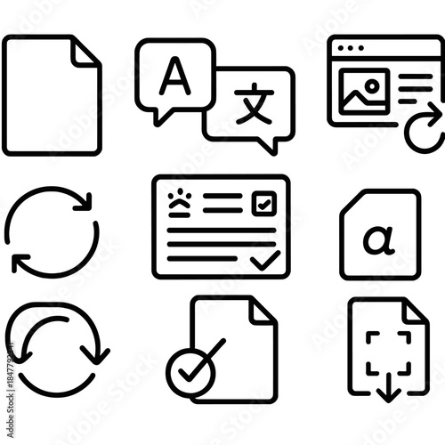 Localization Workflow Icons. Localization Workflow Set linear set: source file icon, translation bubble, terminology card, cultural adaptation note, layout adjust symbol, review