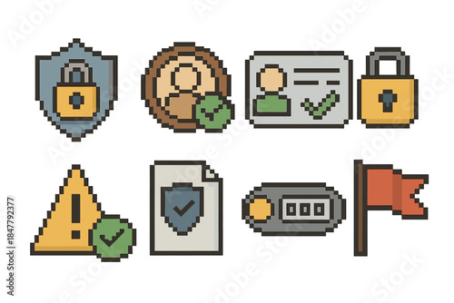 Risk Mitigation Icons. Risk Mitigation Set set of icons in flat pixel vector style: secure login icon, identity seal, verification card, ciphered code bar, warning check mark, safe