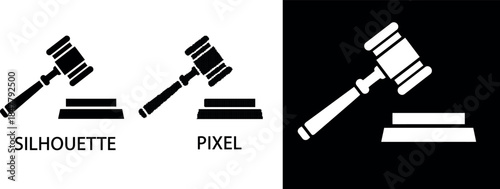 Minimalist flat vector pixel icon depicting a judge s gavel and sound block