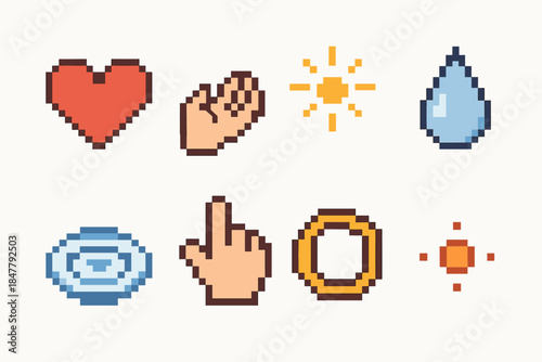 Emotional Icon Set. Emotional Understanding pixel style set: open-heart symbol, gentle hand, soft glow, reflective droplet, calming ripple, kind gesture, warm ring, attentive dot.