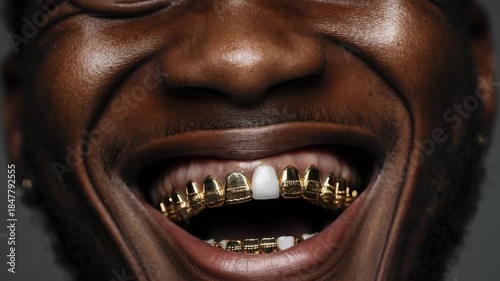 Smiling man shows off gold dental grills in a close-up shot, capturing unique style and confidence